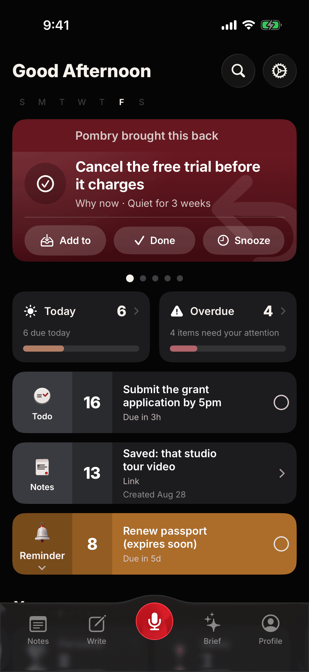The dark Pombry home screen bringing back a Cancel the free trial reminder that had gone quiet for three weeks, above the Today and Overdue cards.